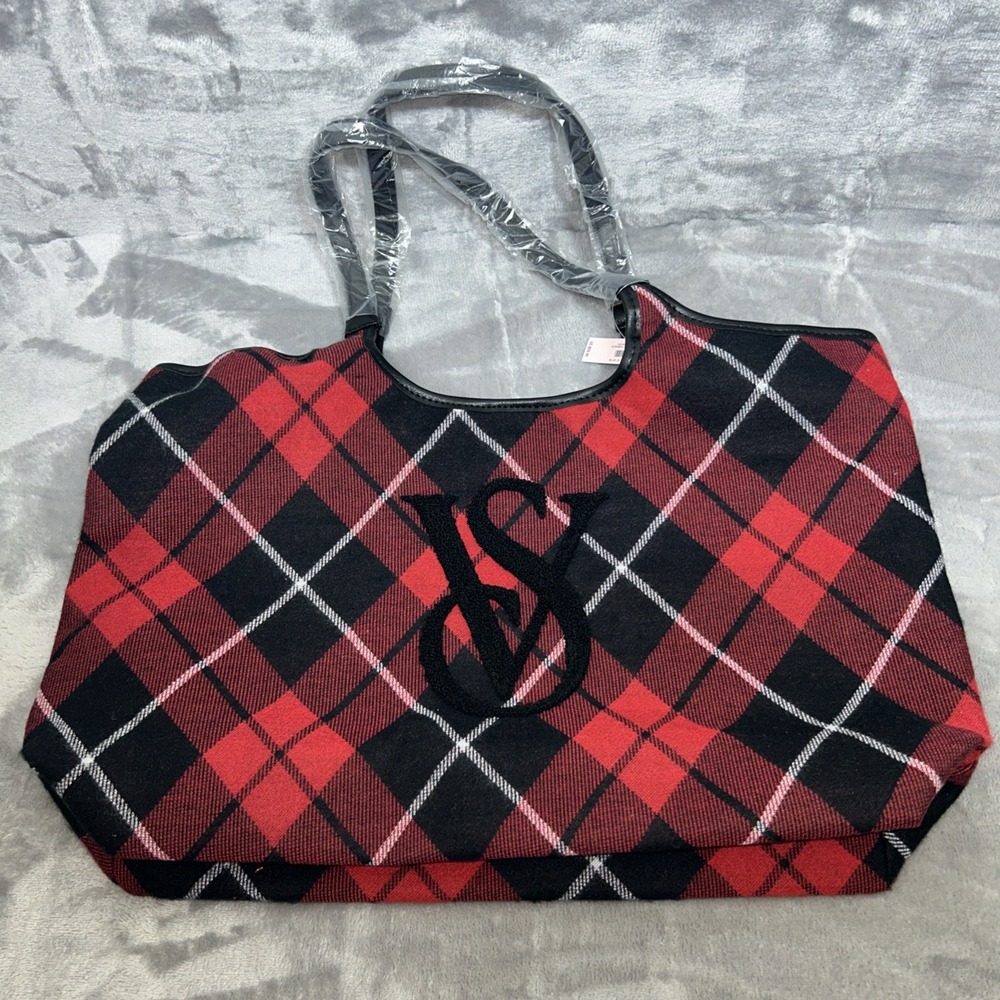 Victoria's Secret Tartan Red Plaid Large Buffalo Check Tote Bag Christmas VS New